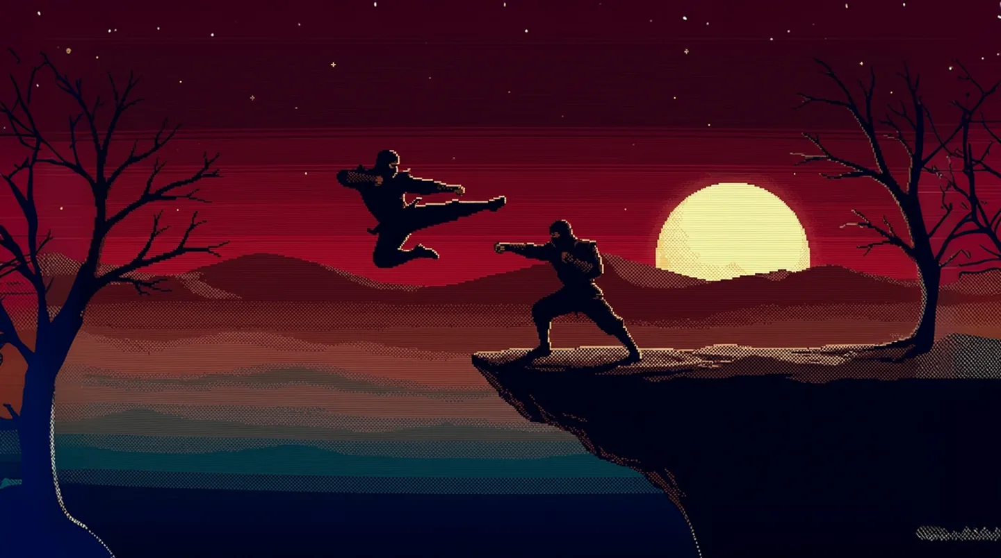 Two pixel-art ninja fighters facing off on a cliff before a giant sun